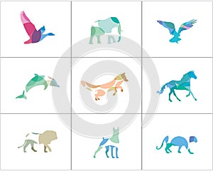 Colorful and abstract animal logos set. Lion, dog, horse, fish vector icons, bird and pet shop and care center illustration.