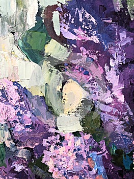 Abstract Colorful artwork oi Lilac tree. Oil painting Impressionism style. Canvas texture. Professional artwork. For