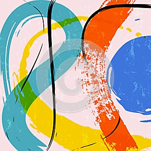 Abstract colorful background composition, illustration with lines, waves, circle, paint strokes and splashes