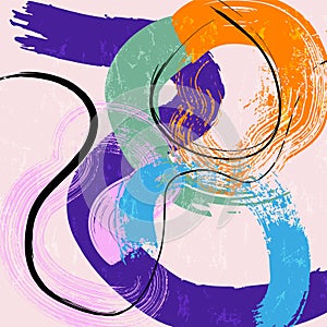 Abstract colorful background composition, illustration, with lines, waves, circle, paint strokes and splashes