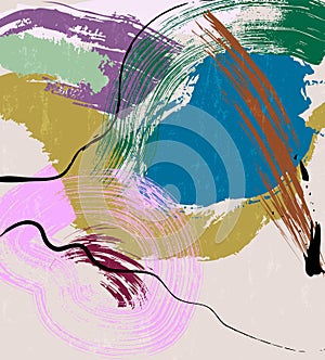 abstract colorful background, illustration with lines, waves, circle, paint strokes and splashes