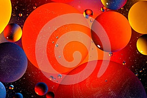 Abstract colorful background of oil circles. Oil in the water surface circles, water foam and oil bubbles.