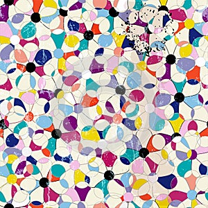 Abstract colorful background pattern, with circles, floral ornaments, paint strokes and splashes