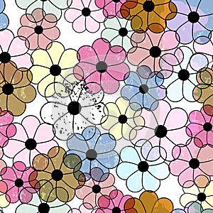 Abstract colorful background pattern, with circles, floral ornaments, paint strokes and splashes, seamless