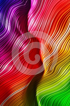 Abstract colorful background, wavy rainbow pride colors surface with stripes. Curved splashes. 3d illustration.