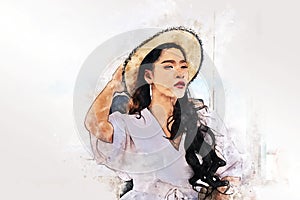 Asia woman traveling for relaxation and drinking wine on speed boat at Thailand on watercolor illustration painting background.