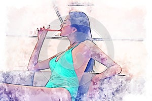 Asia woman traveling for relaxation and drinking wine on speed boat at Thailand on watercolor illustration painting background.