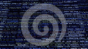 Abstract colorful blinking and changing lines of a programing code on a dark background background. Animation. Concept