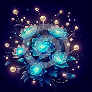 Abstract colorful blue flowers on black background