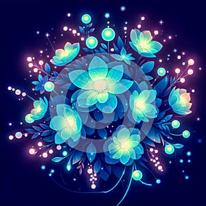 Abstract colorful blue flowers on black background