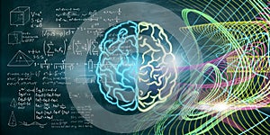 Abstract colorful brain background with mathematical formulas. Mind concept.