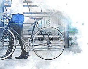 Abstract colorful Business man and bicycle walking on street watercolor illustration