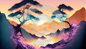 Abstract colorful Chinese inkwash painting and Majestic mountain range on digital art concept, Generative AI