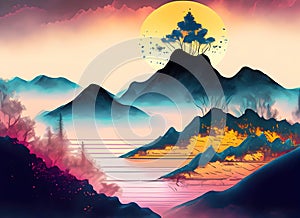 Abstract colorful Chinese inkwash painting and Majestic mountain range on digital art concept, Generative AI