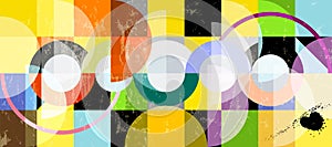 Abstract colorful circle background, geometric design, grungy, artwork, with space for text