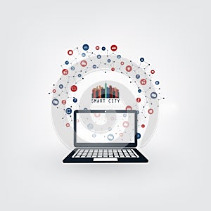 Colorful Smart City, Cloud Computing Design Concept with Icons - Digital Network Connections, Technology Background