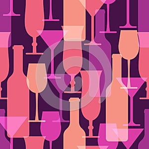 Abstract colorful cocktail glass and wine bottle seamless patter