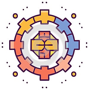 Abstract colorful cogwheel illustration, conceptual teamwork and design, flat style