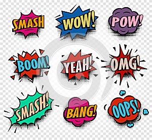 abstract colorful comics speech balloons icons collection on checkered background, dialog boxes with popular