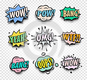 abstract colorful comics speech balloons icons collection on checkered background, dialog boxes with popular