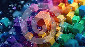 Abstract colorful cubes floating with water droplets