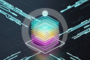 Abstract Colorful Data Layers Stack on Digital Circuit Background