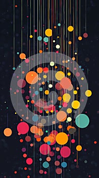 Abstract Colorful Data Visualization with Vibrant Circles and Vertical Lines on Dark Background