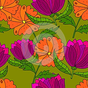 Abstract colorful doodle flower with curls seamless pattern.