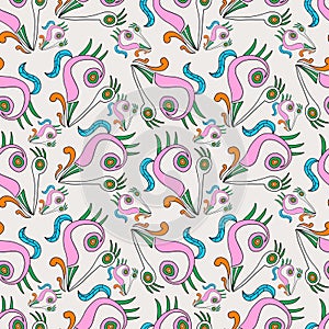 Abstract colorful doodle flower with curls seamless pattern.