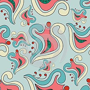 Abstract colorful doodle flower with curls seamless pattern.