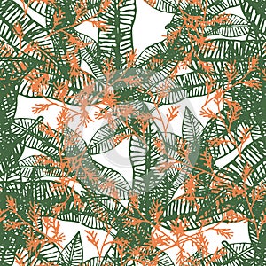 Abstract colorful doodle palm leaves, flower with curls seamless pattern