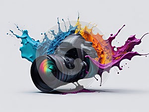 Abstract and colorful DSLR camera color splash on white background. ai generative