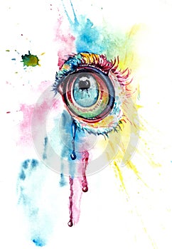 Abstract colorful eye with splash, spots and drops on white. Hand drawn colorful watercolors on paper texture. Ð’itmap