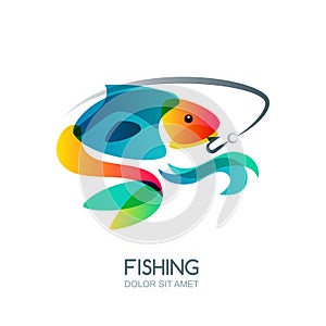Abstract colorful fish and fishing hook. Vector fishing logo, label, emblem design elements.