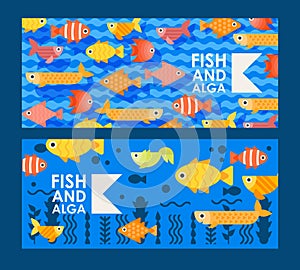 Abstract colorful fish icons in flat style, vector illustration. Banners for pet shop, aquarium store. Decorative fish