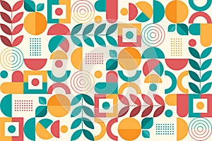 Abstract colorful flat geometric background, mosaic pattern design with the simple shape of circles, squares, dots, and lines.