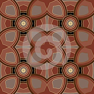 Abstract colorful floral mosaic seamless pattern. Ornamental red brown gold geometric kaleidoscope background. Ornate