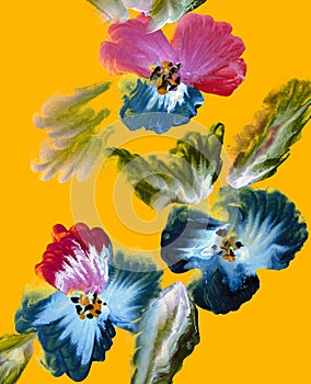 Abstract colorful flowers on a bright background. Painting with paints, impressionistic style, flower painting, acrylic, gouache.