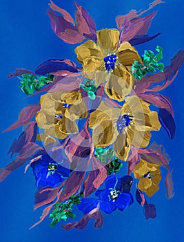 Abstract colorful flowers on a bright background. Painting with paints, impressionistic style, flower painting, acrylic, gouache.