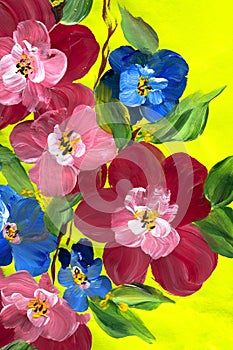 Abstract colorful flowers on a bright background. Painting with paints, impressionistic style, flower painting, acrylic, gouache.