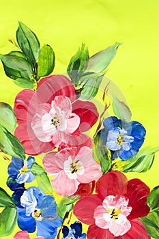 Abstract colorful flowers on a bright background. Painting with paints, impressionistic style, flower painting, acrylic, gouache.