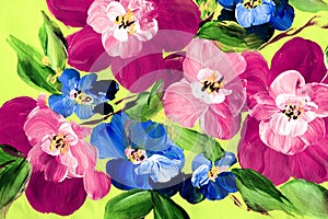 Abstract colorful flowers on a bright background. Painting with paints, impressionistic style, flower painting, acrylic, gouache.