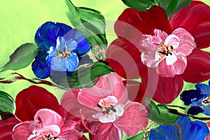 Abstract colorful flowers on a bright background. Painting with paints, impressionistic style, flower painting, acrylic, gouache.