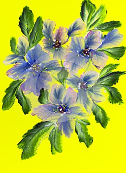 Abstract colorful flowers on a bright background. Painting with paints, impressionistic style, flower painting, acrylic, gouache.