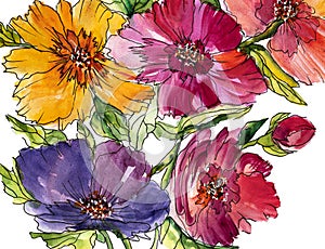 Abstract colorful flowers. Painting with paints, impressionistic style, flower painting, acrylic, gouache. Hand drawn floral