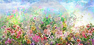 Abstract colorful flowers watercolor painting. Spring multicolored in nature.