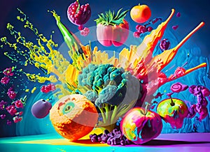 Abstract colorful fruits and vegetables acrylic paint maximalism digital art, Generative AI