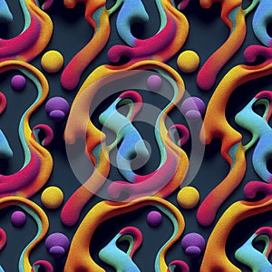 Abstract colorful funky surreal psychedelic dynamic liquid 3D forms substance seamless pattern