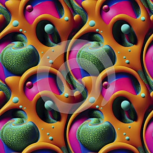 Abstract colorful funky surreal psychedelic dynamic liquid 3D forms substance seamless pattern