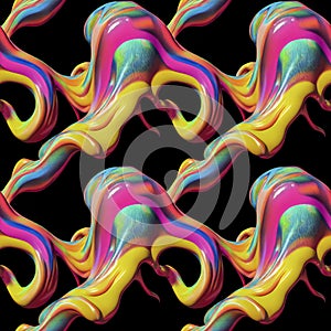 Abstract colorful funky surreal psychedelic dynamic liquid 3D forms substance seamless pattern